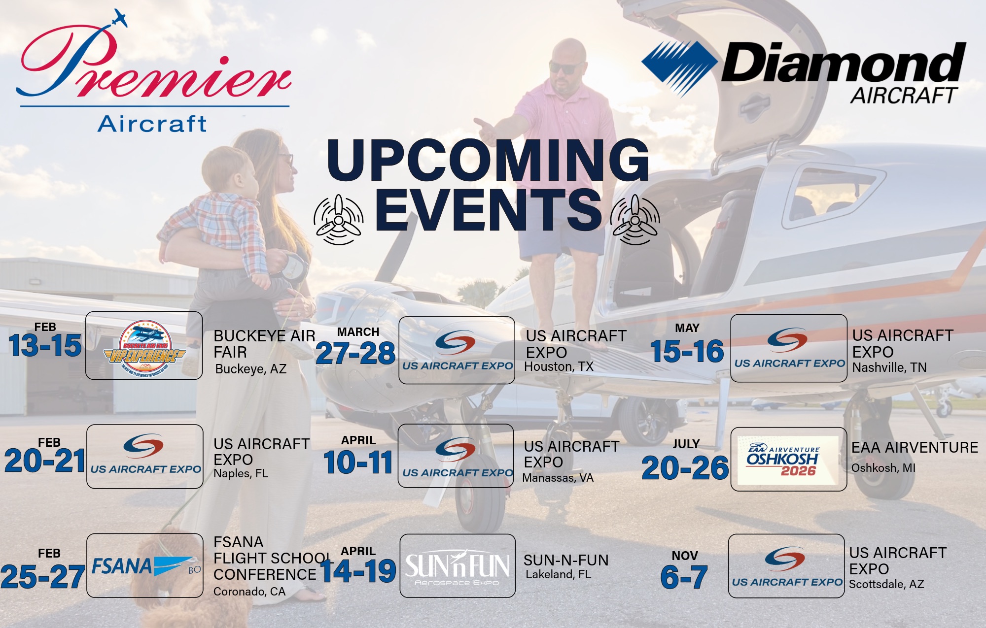 Premier Aircraft 2026 event schedule — Buckeye Air Fair, Buckeye AZ, Feb 13–15; US Aircraft Expo, Naples FL, Feb 20–21; FSANA Flight School Conference, Coronado CA, Feb 25–27; US Aircraft Expo, Houston TX, Mar 27–28; US Aircraft Expo, Manassas VA, Apr 10–11; SUN-N-FUN Aerospace Expo, Lakeland FL, Apr 14–19; US Aircraft Expo, Nashville TN, May 15–16; EAA AirVenture Oshkosh, Oshkosh WI, Jul 20–26; US Aircraft Expo, Scottsdale AZ, Nov 6–7.